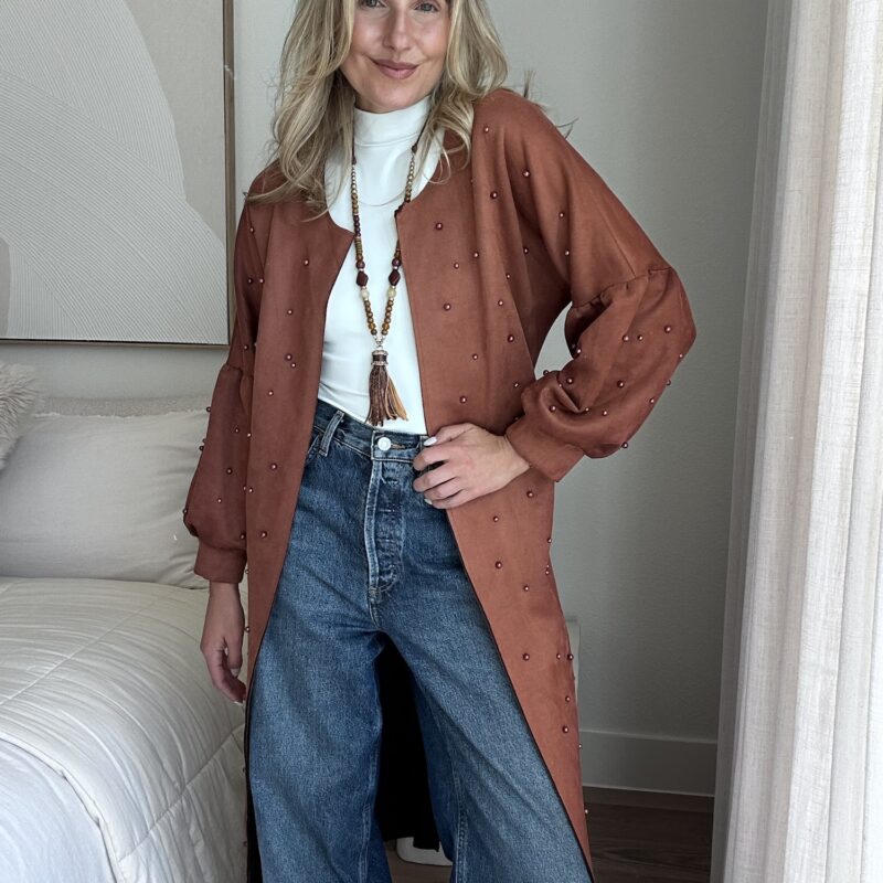 The Pearl-Studded West Vegan Suede Trench Coat