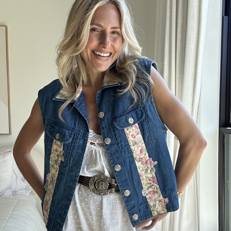 Back-Porch Peonies Vintage Denim Vest