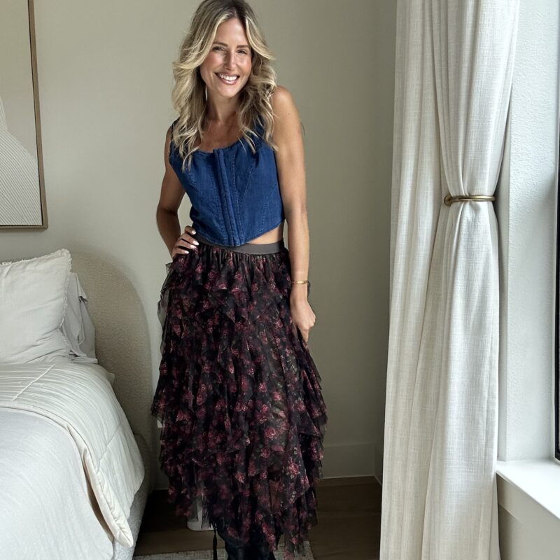 Ruffle Me Up, Cowboy Floral Tulle Midi Skirt